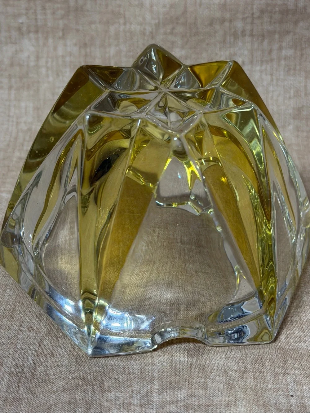 Heavy Cut Crystal Glass Ashtray Yellow Star Shape MCM Retro Vtg 60s Home Decor